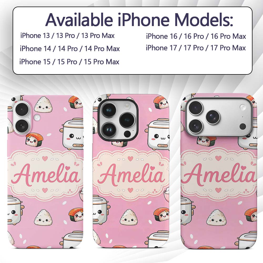 Cute Kawaii Sushi Rice Cooker Bowl Printed Design Custom Name Protective Phone Case Mobile Cover Durable Everyday Smartphone Shock Resistant