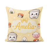 Custom Name Cute Kawaii Sushi Rice Cooker Bowl Yellow Background Square Filled Cushion Throw Pillow Sofa Bed Home Decor Zip Washable UK Made