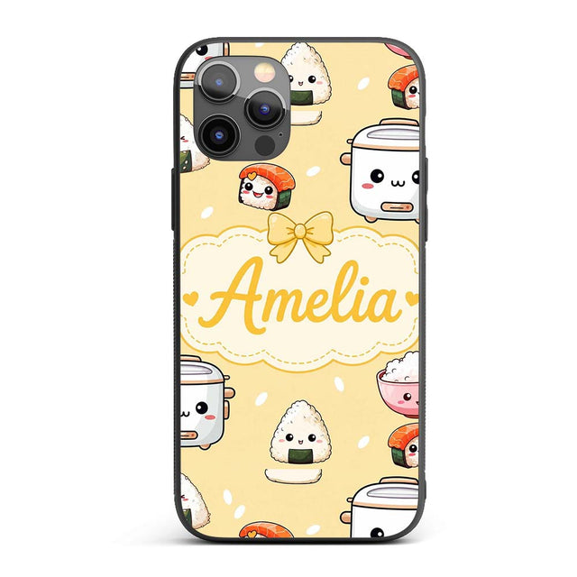 Cute Kawaii Sushi Rice Cooker Bowl Printed Design Custom Name Protective Phone Case Mobile Cover Durable Everyday Smartphone Shock Resistant
