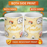 Personalized Custom Name Cute Kawaii Sushi Rice Cooker Bowl Yellow Background Seamless 11oz Ceramic Coffee Tea Mug White Large Handle