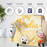 Cute Kawaii Sushi Rice Cooker Bowl Yellow Background Seamless  Personalised Custom Name Super Soft Fleece Blanket Bed Sofa Throw