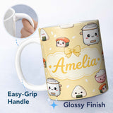 Personalized Custom Name Cute Kawaii Sushi Rice Cooker Bowl Yellow Background Seamless 11oz Ceramic Coffee Tea Mug White Large Handle