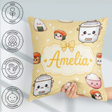Custom Name Cute Kawaii Sushi Rice Cooker Bowl Yellow Background Square Filled Cushion Throw Pillow Sofa Bed Home Decor Zip Washable UK Made