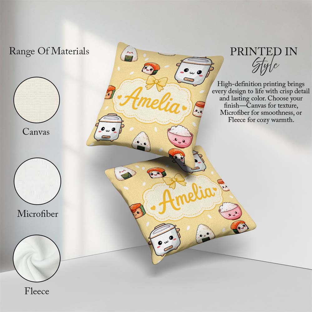 Custom Name Cute Kawaii Sushi Rice Cooker Bowl Yellow Background Square Filled Cushion Throw Pillow Sofa Bed Home Decor Zip Washable UK Made