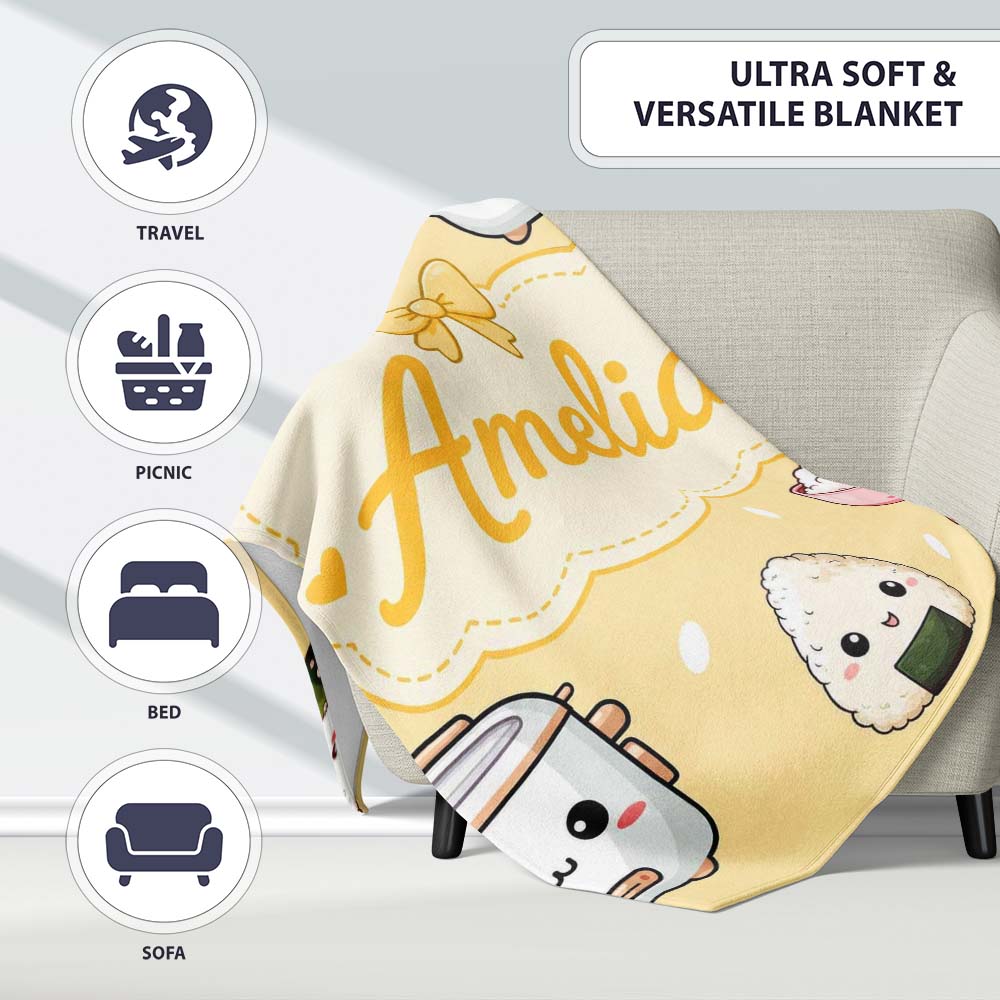 Cute Kawaii Sushi Rice Cooker Bowl Yellow Background Seamless  Personalised Custom Name Super Soft Fleece Blanket Bed Sofa Throw