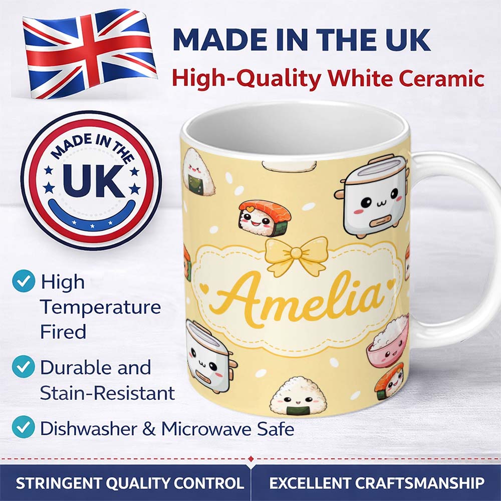 Personalized Custom Name Cute Kawaii Sushi Rice Cooker Bowl Yellow Background Seamless 11oz Ceramic Coffee Tea Mug White Large Handle
