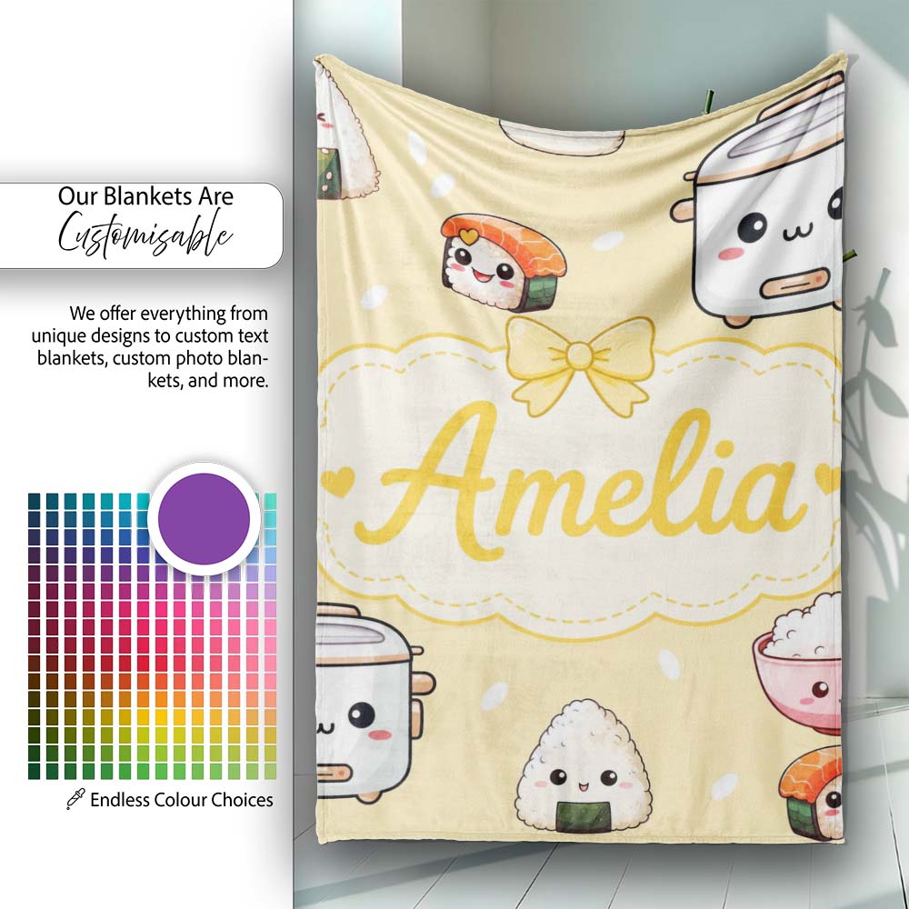 Cute Kawaii Sushi Rice Cooker Bowl Yellow Background Seamless  Personalised Custom Name Super Soft Fleece Blanket Bed Sofa Throw