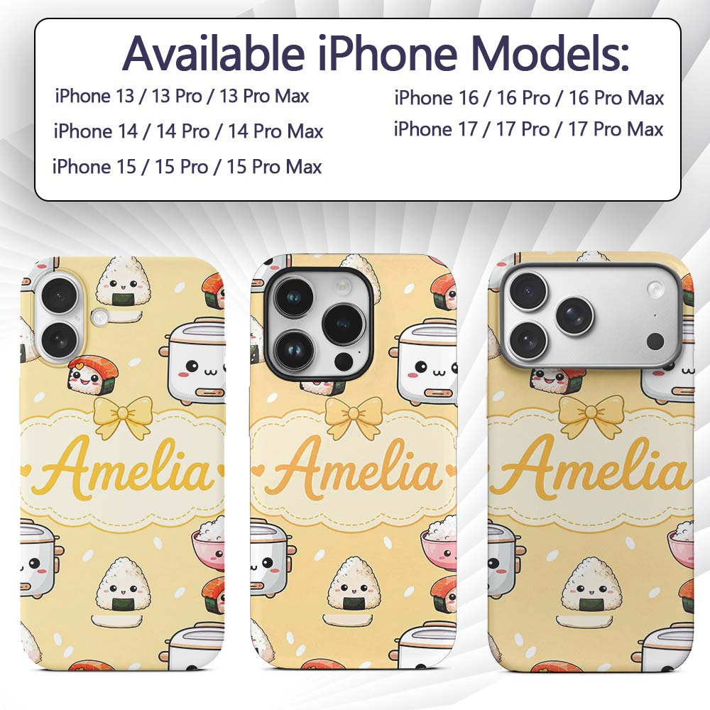 Cute Kawaii Sushi Rice Cooker Bowl Printed Design Custom Name Protective Phone Case Mobile Cover Durable Everyday Smartphone Shock Resistant
