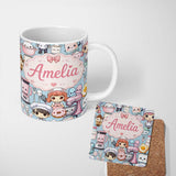 Personalized Custom Name Cute Kawaii Baking Girl Mixer Blender Donut Blue Background 11oz Ceramic Coffee Tea Mug White Large Handle