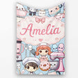 Cute Kawaii Baking Girl Mixer Blender Donut Blue Background  Personalised Custom Name Super Soft Fleece Blanket Bed Sofa Throw
