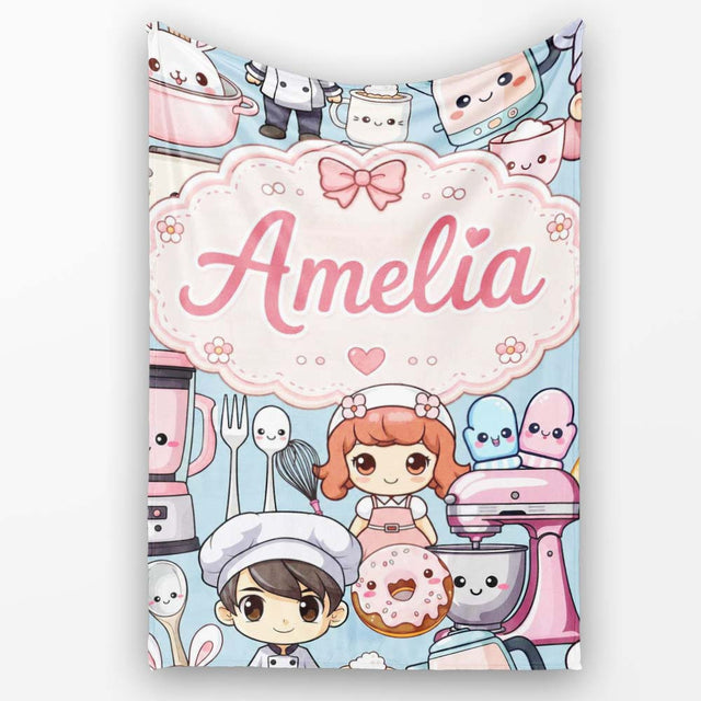 Cute Kawaii Baking Girl Mixer Blender Donut Blue Background  Personalised Custom Name Super Soft Fleece Blanket Bed Sofa Throw