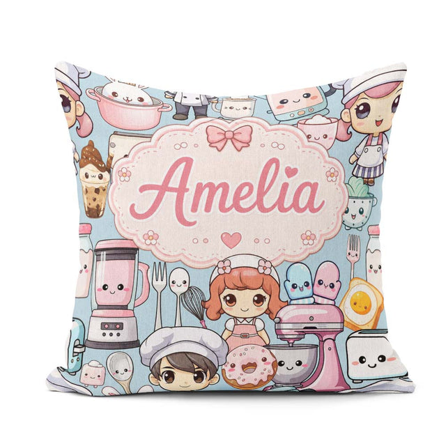 Custom Name Cute Kawaii Girl Mixer Blender Donut Blue Background Square Filled Cushion Throw Pillow Sofa Bed Home Decor Zip Washable UK Made