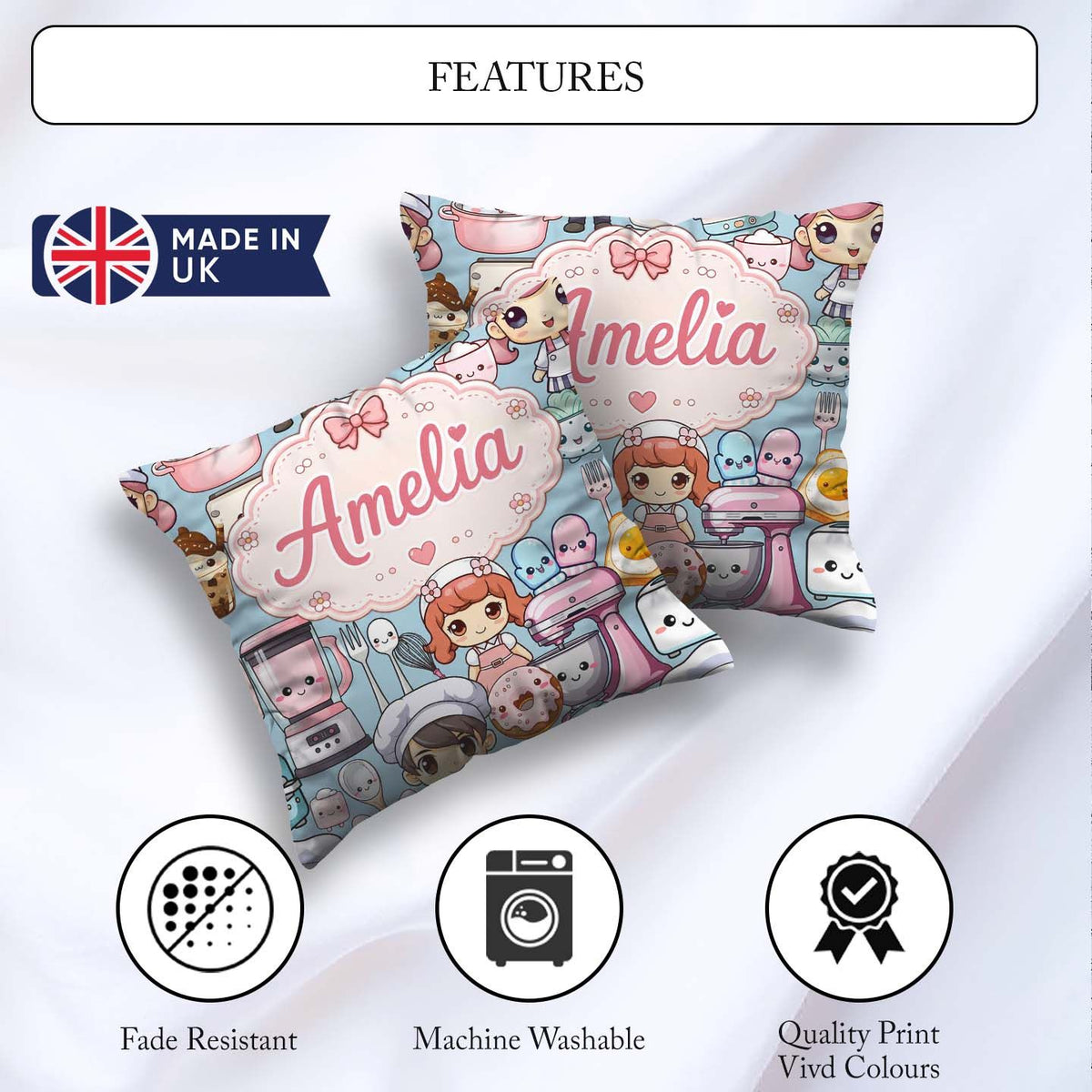 Custom Name Cute Kawaii Girl Mixer Blender Donut Blue Background Square Filled Cushion Throw Pillow Sofa Bed Home Decor Zip Washable UK Made