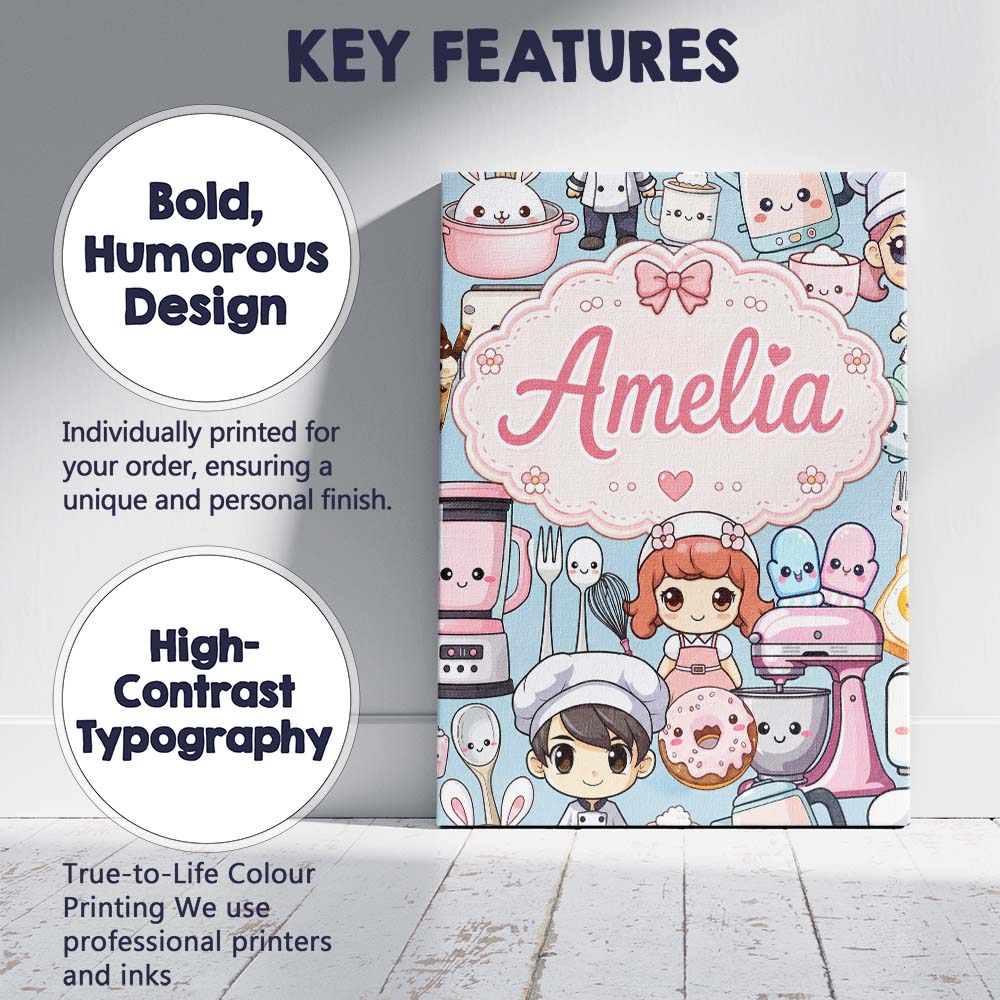 Personalised Name Cute Kawaii Baking Girl Custom  Unique Gift Idea Elegant Feature Canvas Wall Art Print Decor Picture Ready to Hang