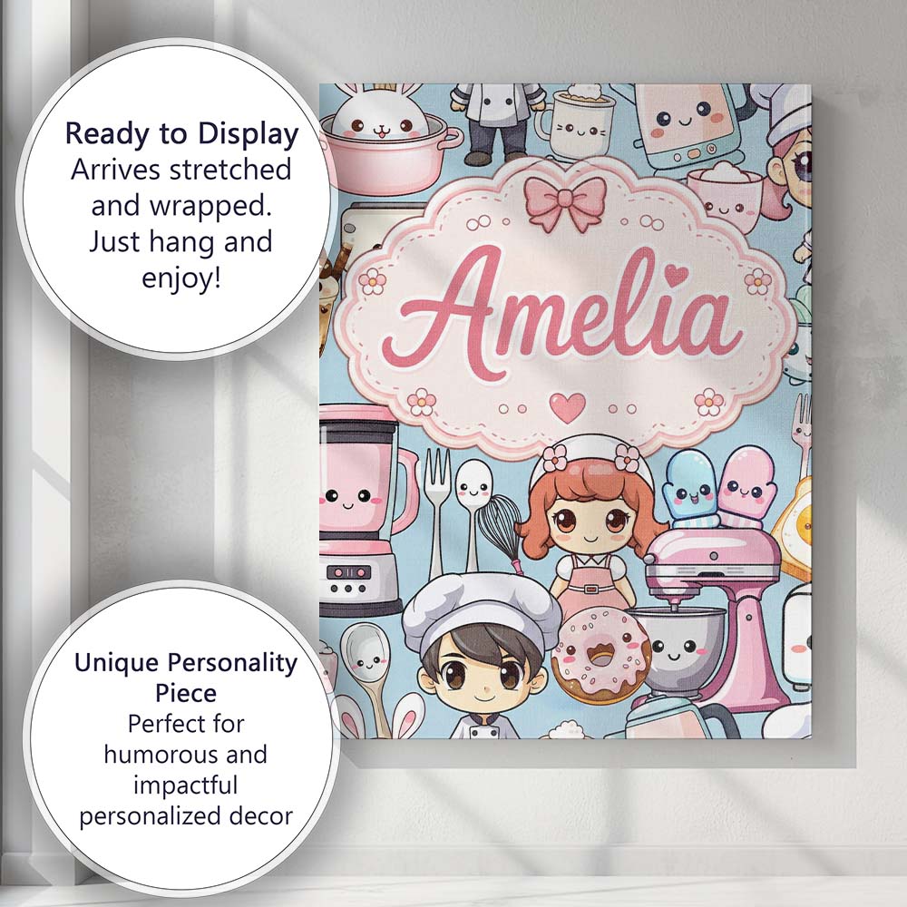 Personalised Name Cute Kawaii Baking Girl Custom  Unique Gift Idea Elegant Feature Canvas Wall Art Print Decor Picture Ready to Hang