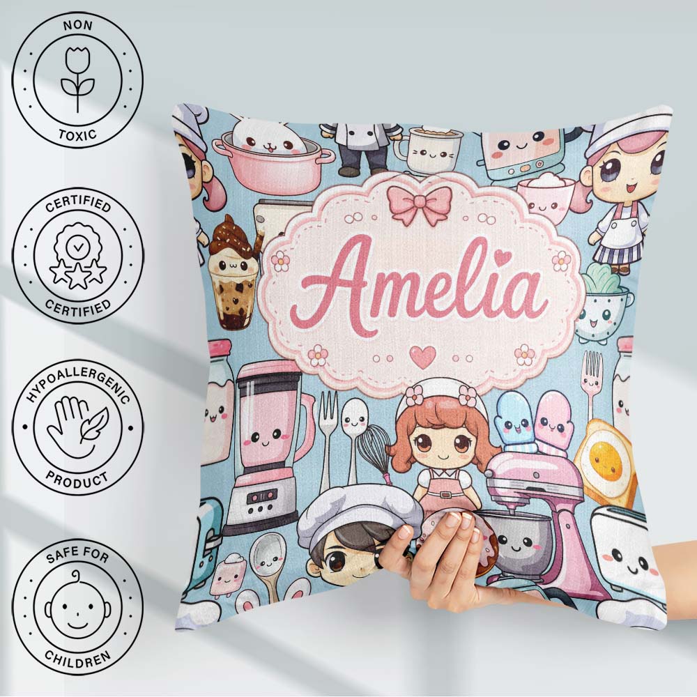 Custom Name Cute Kawaii Girl Mixer Blender Donut Blue Background Square Filled Cushion Throw Pillow Sofa Bed Home Decor Zip Washable UK Made