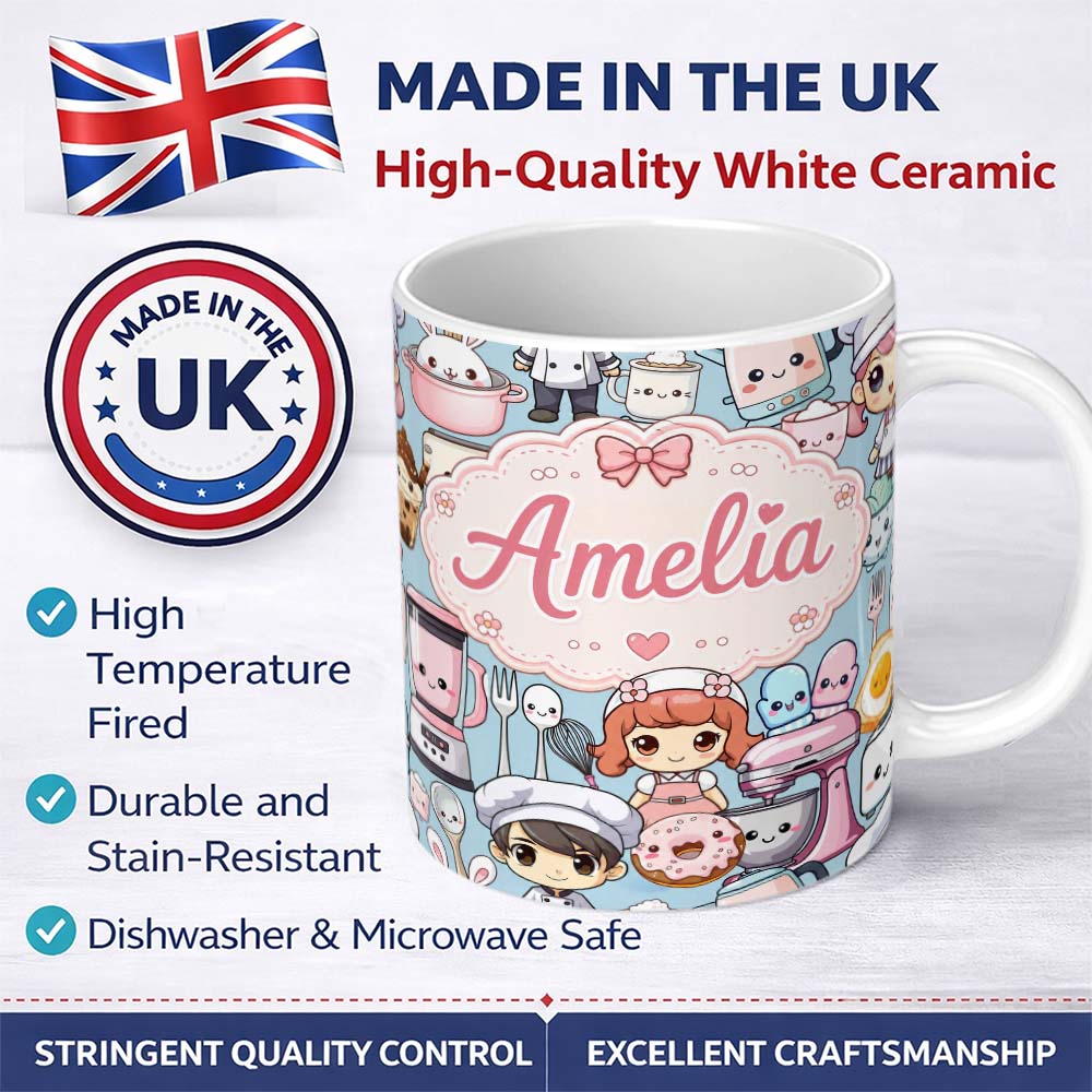 Personalized Custom Name Cute Kawaii Baking Girl Mixer Blender Donut Blue Background 11oz Ceramic Coffee Tea Mug White Large Handle