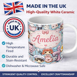 Personalized Custom Name Cute Kawaii Baking Girl Mixer Blender Donut Blue Background 11oz Ceramic Coffee Tea Mug White Large Handle
