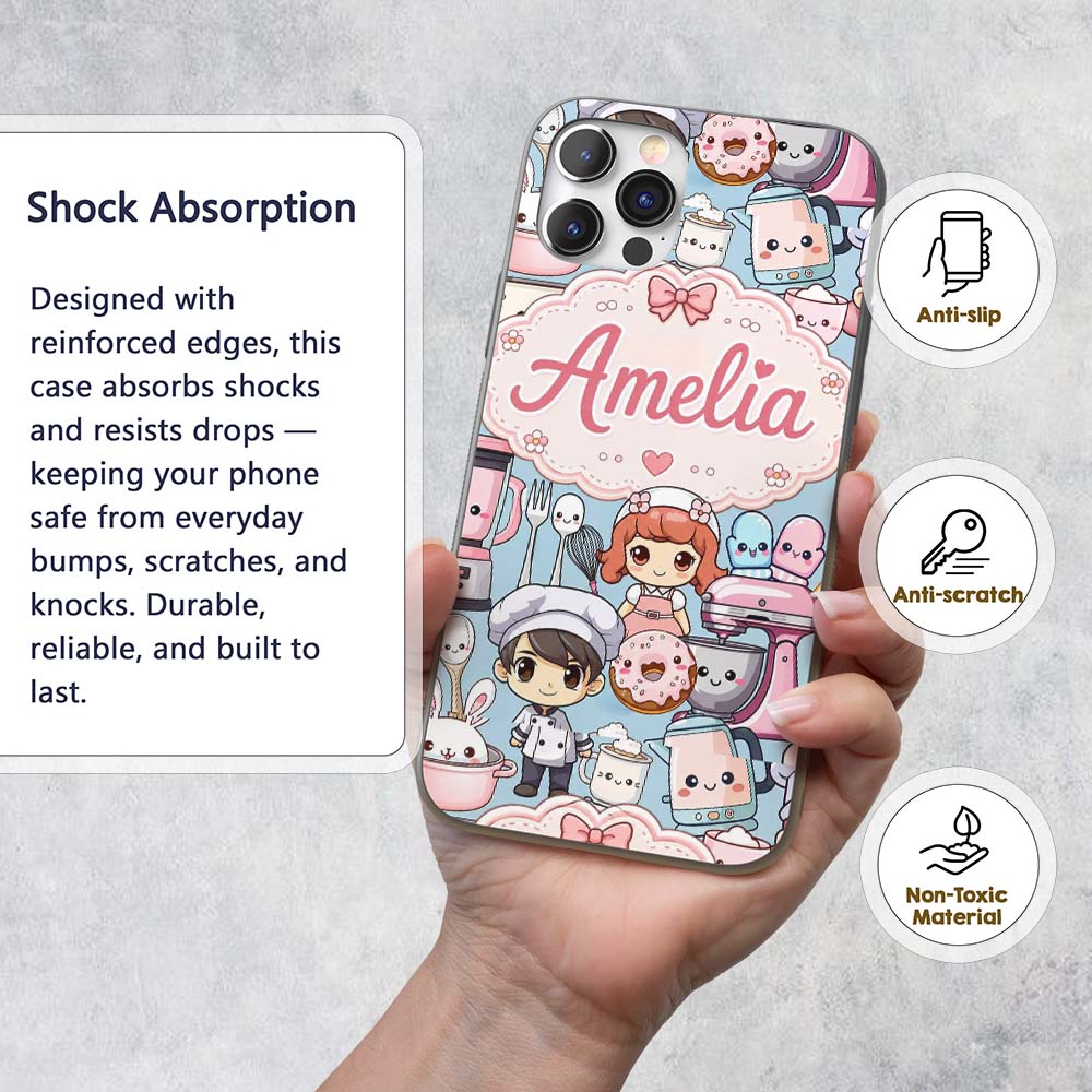 Cute Kawaii Baking Girl Mixer Blender Donut Blue Custom Name Protective Phone Case Mobile Cover Durable Everyday Smartphone Shock Resistant