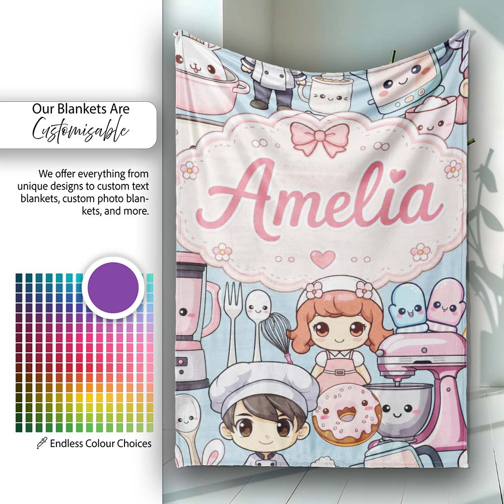 Cute Kawaii Baking Girl Mixer Blender Donut Blue Background  Personalised Custom Name Super Soft Fleece Blanket Bed Sofa Throw