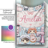 Cute Kawaii Baking Girl Mixer Blender Donut Blue Background  Personalised Custom Name Super Soft Fleece Blanket Bed Sofa Throw