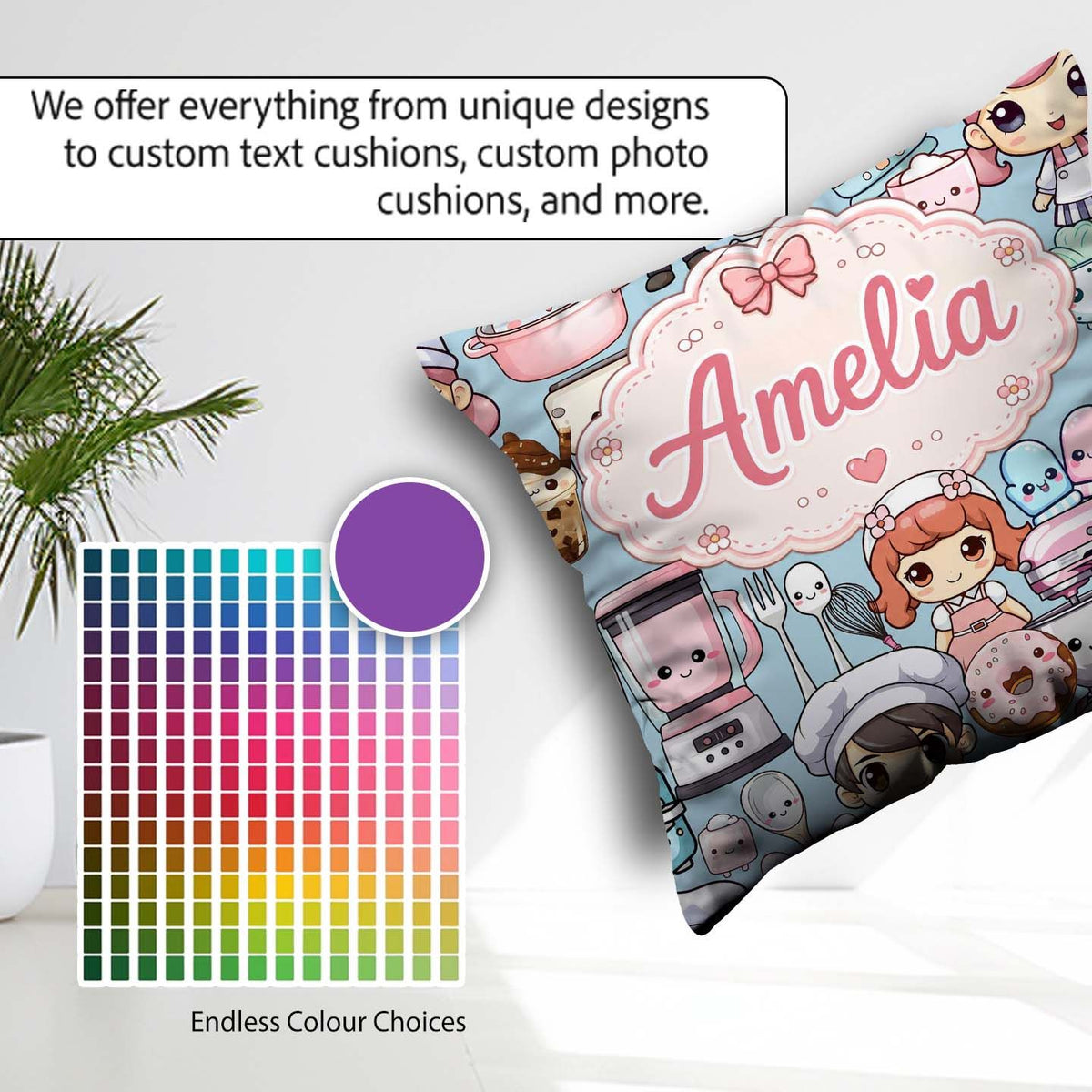 Custom Name Cute Kawaii Girl Mixer Blender Donut Blue Background Square Filled Cushion Throw Pillow Sofa Bed Home Decor Zip Washable UK Made