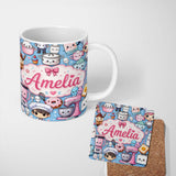 Personalized Custom Name Cute Kawaii Baking Girl Mixer Blender Donut Blue Background 11oz Ceramic Coffee Tea Mug White Large Handle