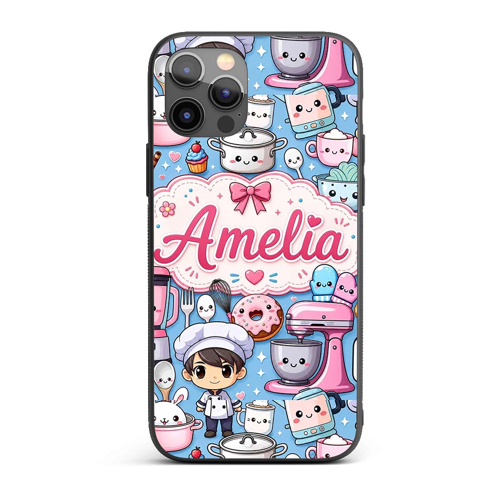 Cute Kawaii Baking Girl Mixer Blender Donut Blue Custom Name Protective Phone Case Mobile Cover Durable Everyday Smartphone Shock Resistant
