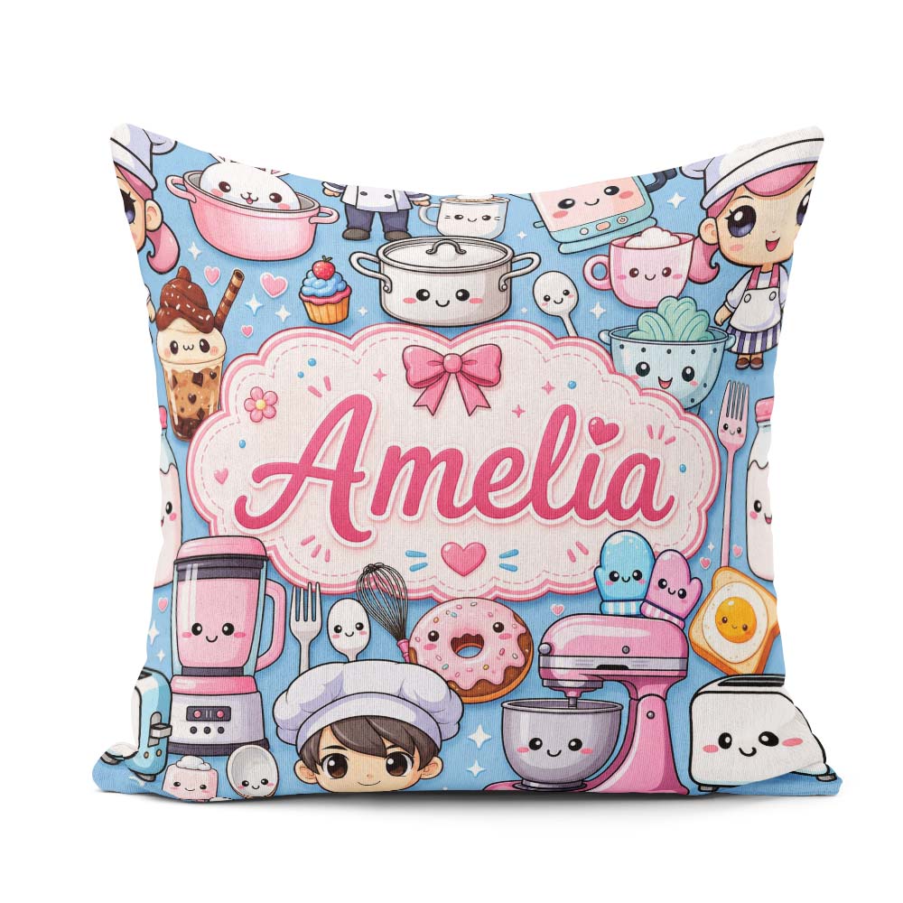 Custom Name Cute Kawaii Girl Mixer Blender Donut Blue Background Square Filled Cushion Throw Pillow Sofa Bed Home Decor Zip Washable UK Made