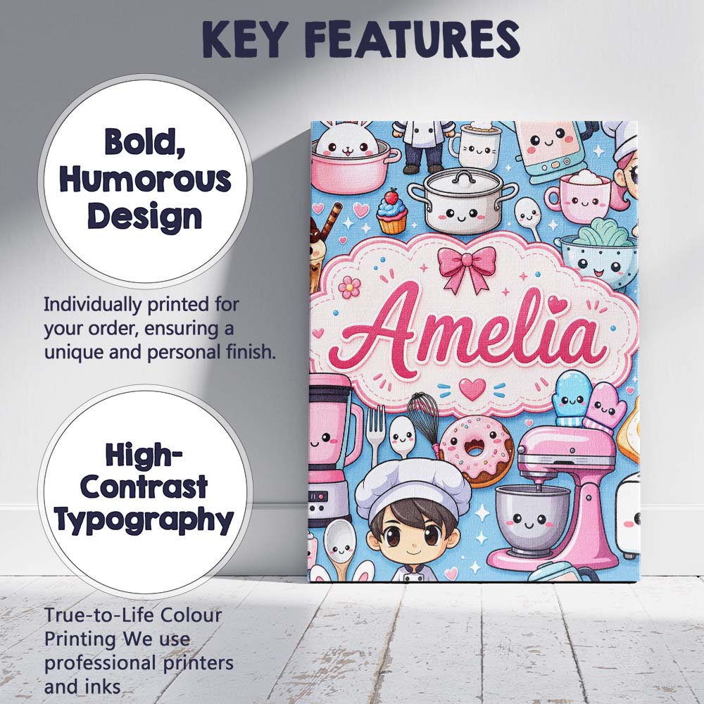 Personalised Name Cute Kawaii Baking Girl Custom  Unique Gift Idea Elegant Feature Canvas Wall Art Print Decor Picture Ready to Hang