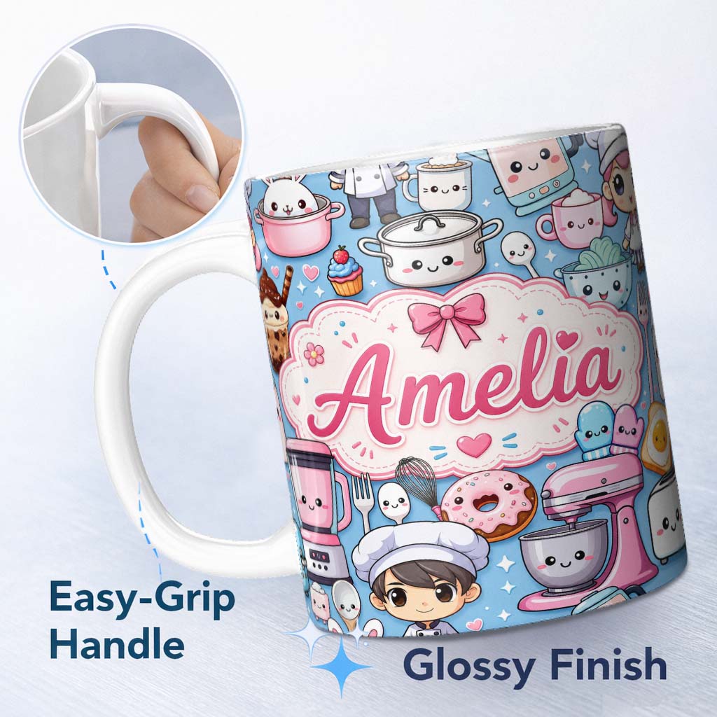 Personalized Custom Name Cute Kawaii Baking Girl Mixer Blender Donut Blue Background 11oz Ceramic Coffee Tea Mug White Large Handle