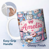 Personalized Custom Name Cute Kawaii Baking Girl Mixer Blender Donut Blue Background 11oz Ceramic Coffee Tea Mug White Large Handle