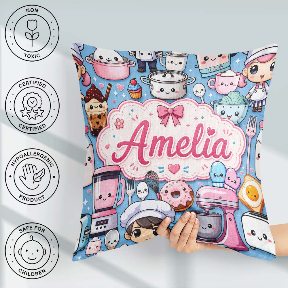 Custom Name Cute Kawaii Girl Mixer Blender Donut Blue Background Square Filled Cushion Throw Pillow Sofa Bed Home Decor Zip Washable UK Made