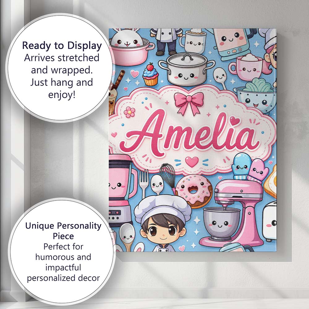 Personalised Name Cute Kawaii Baking Girl Custom  Unique Gift Idea Elegant Feature Canvas Wall Art Print Decor Picture Ready to Hang