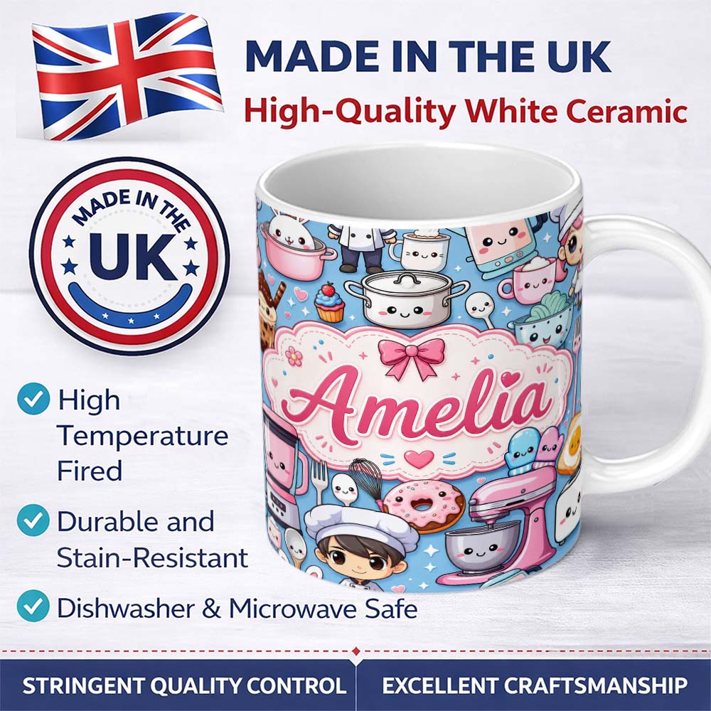 Personalized Custom Name Cute Kawaii Baking Girl Mixer Blender Donut Blue Background 11oz Ceramic Coffee Tea Mug White Large Handle