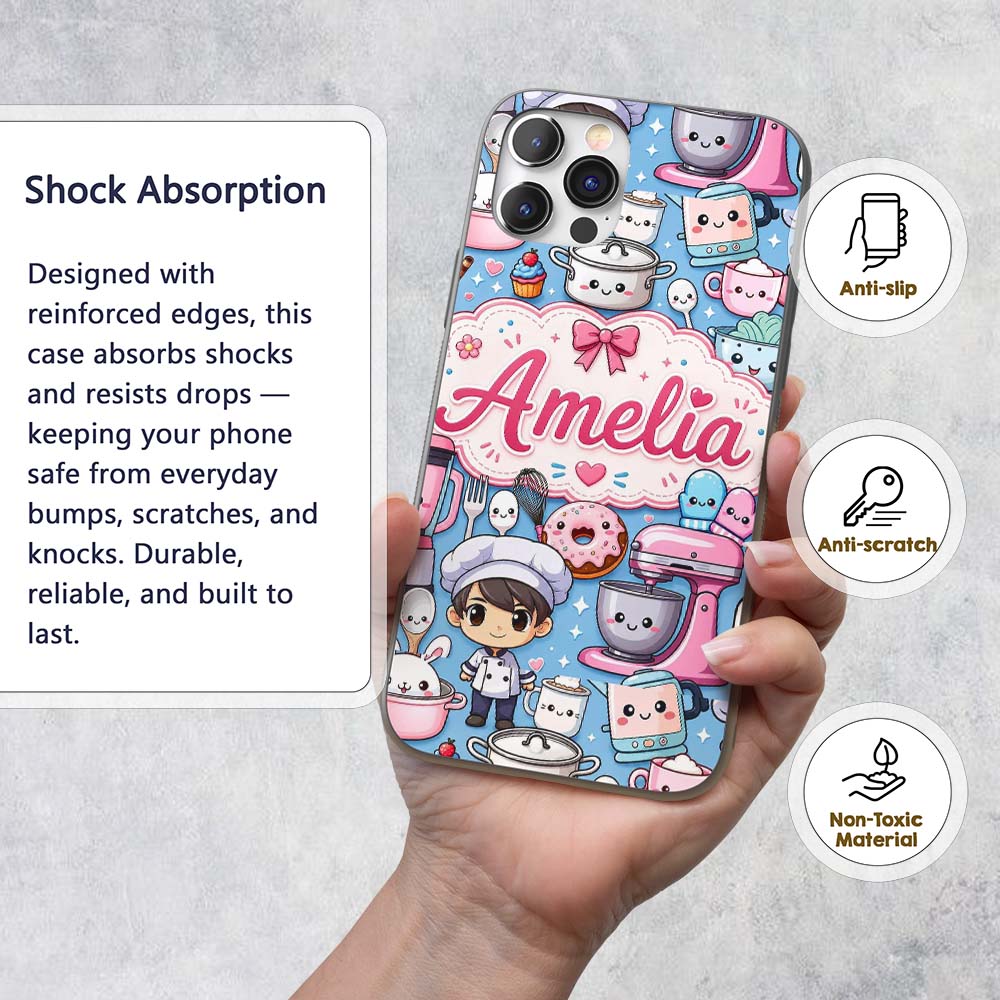Cute Kawaii Baking Girl Mixer Blender Donut Blue Custom Name Protective Phone Case Mobile Cover Durable Everyday Smartphone Shock Resistant