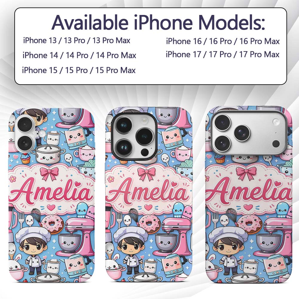 Cute Kawaii Baking Girl Mixer Blender Donut Blue Custom Name Protective Phone Case Mobile Cover Durable Everyday Smartphone Shock Resistant