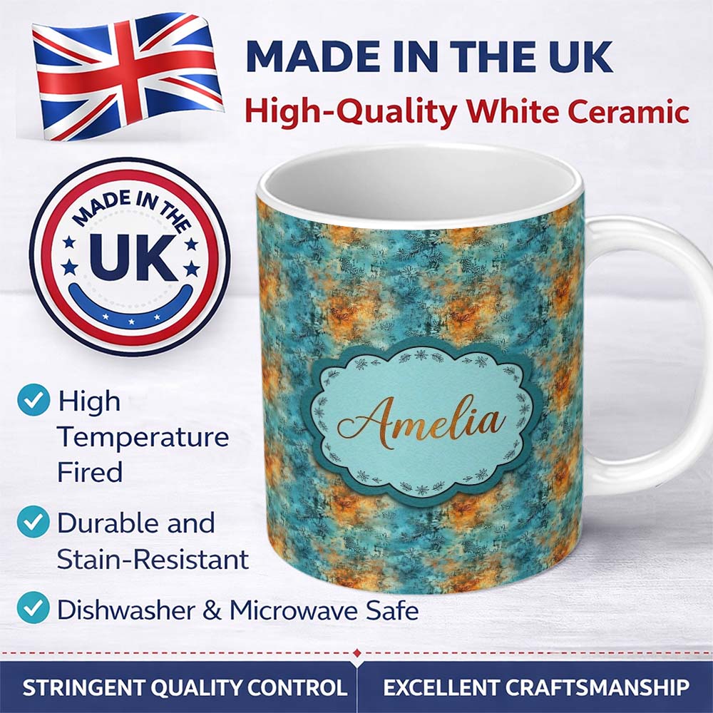 Personalized Custom Name Teal Orange Grunge Floral Texture Seamless Pattern Cute Unique Gift 11oz Ceramic Coffee Tea Mug White Large Handle