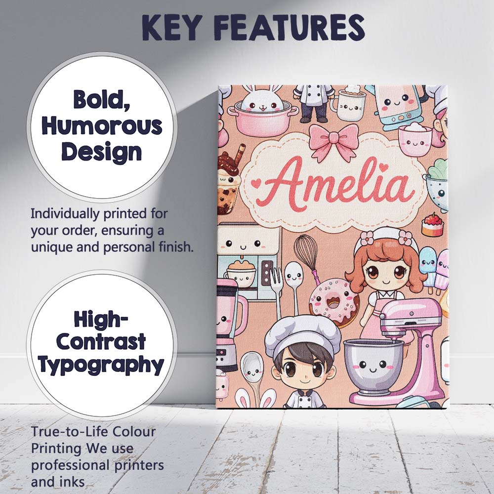 Personalised Name Cute Kawaii Baking Girl Custom  Unique Gift Idea Elegant Feature Canvas Wall Art Print Decor Picture Ready to Hang