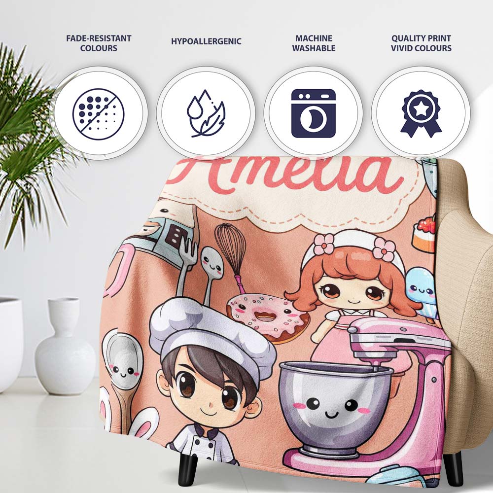Cute Kawaii Baking Girl Mixer Blender Donut Peach Background  Personalised Custom Name Super Soft Fleece Blanket Bed Sofa Throw