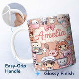 Personalized Custom Name Cute Kawaii Baking Girl Mixer Blender Donut Peach Background 11oz Ceramic Coffee Tea Mug White Large Handle