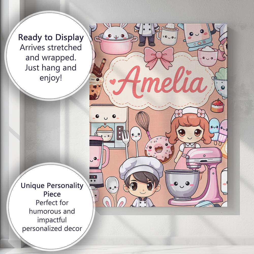 Personalised Name Cute Kawaii Baking Girl Custom  Unique Gift Idea Elegant Feature Canvas Wall Art Print Decor Picture Ready to Hang