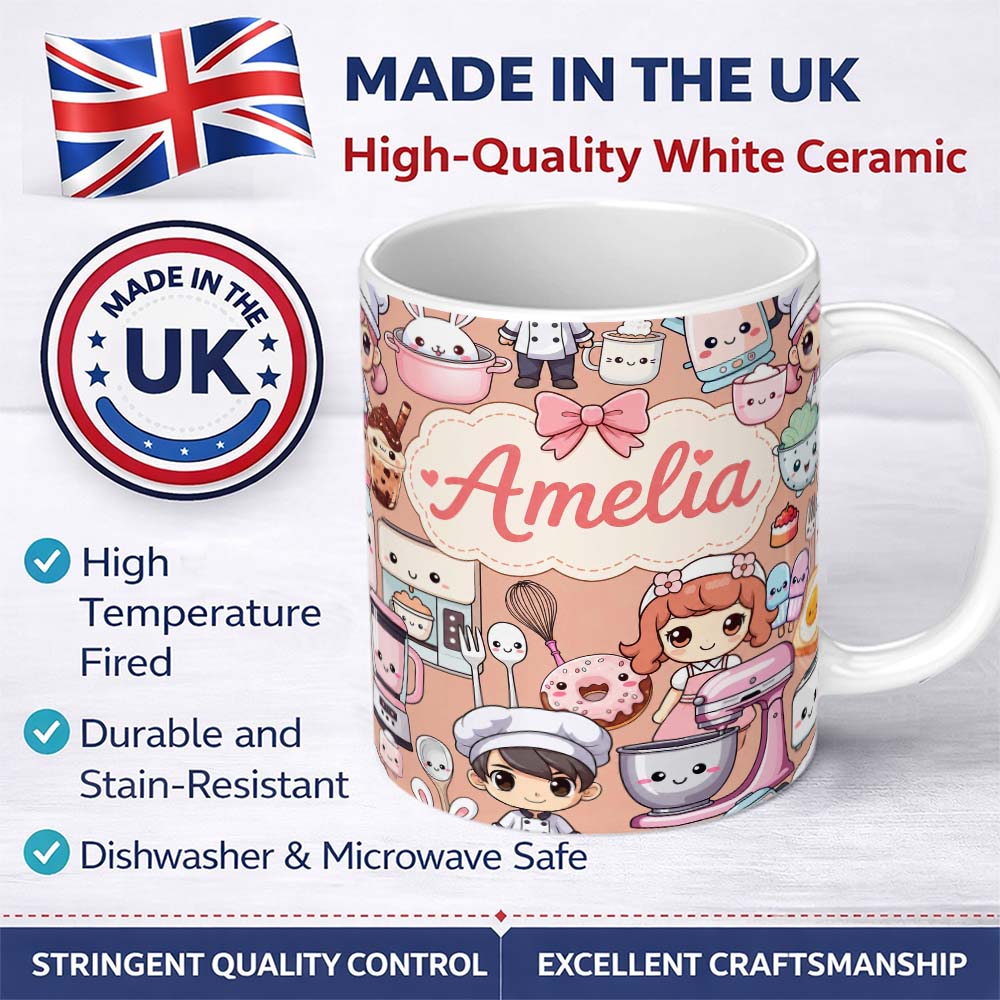 Personalized Custom Name Cute Kawaii Baking Girl Mixer Blender Donut Peach Background 11oz Ceramic Coffee Tea Mug White Large Handle