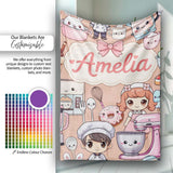 Cute Kawaii Baking Girl Mixer Blender Donut Peach Background  Personalised Custom Name Super Soft Fleece Blanket Bed Sofa Throw