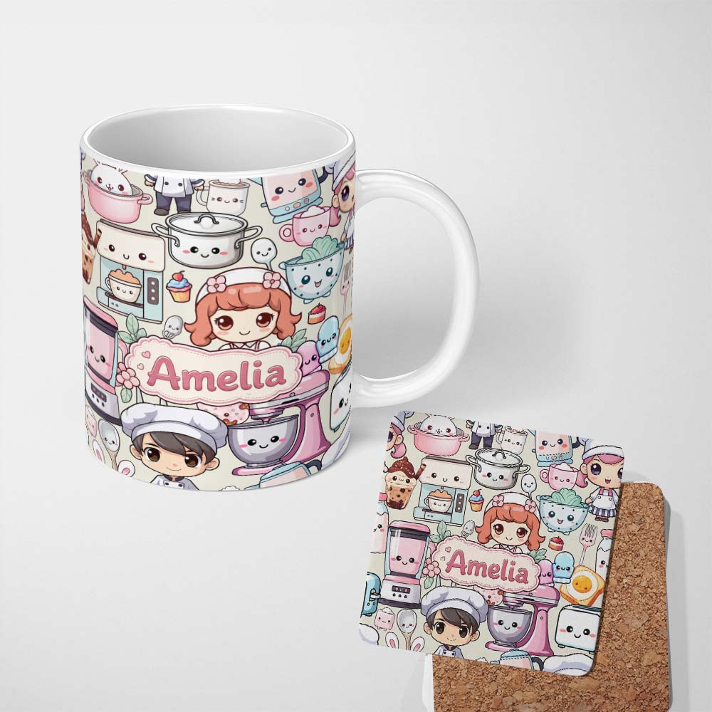 Personalized Custom Name Cute Kawaii Baking Girl Mixer Blender Donut Cream Background 11oz Ceramic Coffee Tea Mug White Large Handle