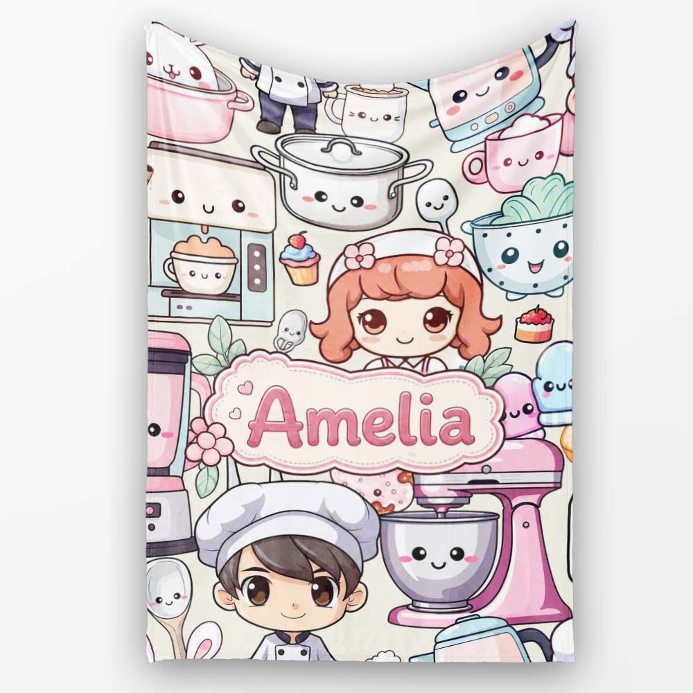 Cute Kawaii Baking Girl Mixer Blender Donut Cream Background  Personalised Custom Name Super Soft Fleece Blanket Bed Sofa Throw