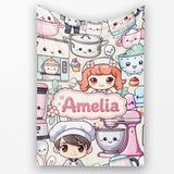 Cute Kawaii Baking Girl Mixer Blender Donut Cream Background  Personalised Custom Name Super Soft Fleece Blanket Bed Sofa Throw