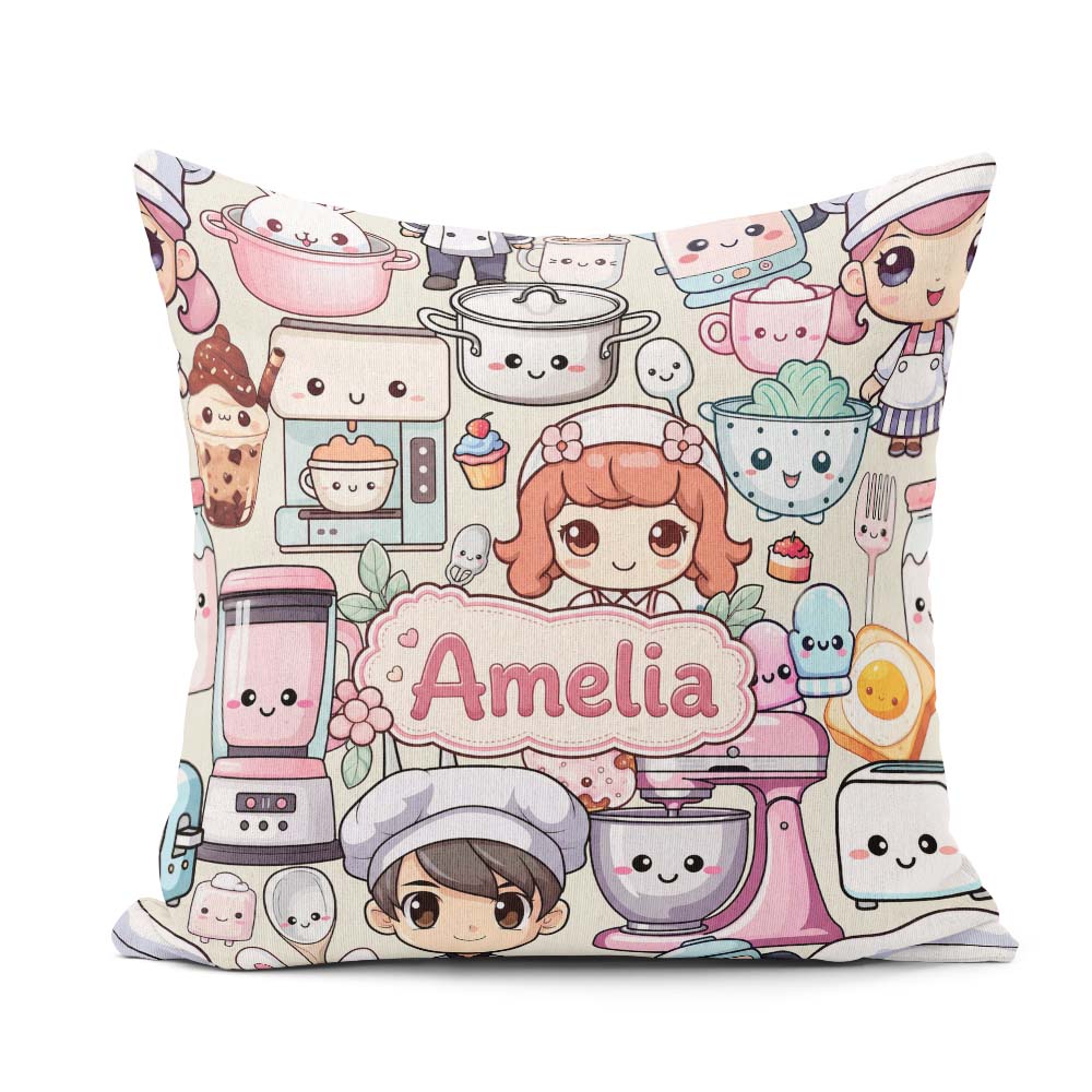 Custom Name Cute Kawaii Baking Girl Mixer Donut Cream Background Square Filled Cushion Throw Pillow Sofa Bed Home Decor Zip Washable UK Made
