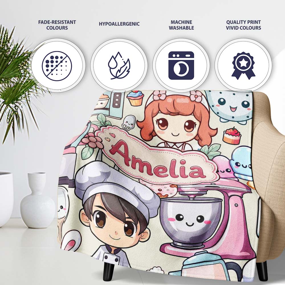Cute Kawaii Baking Girl Mixer Blender Donut Cream Background  Personalised Custom Name Super Soft Fleece Blanket Bed Sofa Throw