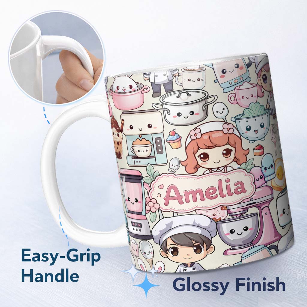 Personalized Custom Name Cute Kawaii Baking Girl Mixer Blender Donut Cream Background 11oz Ceramic Coffee Tea Mug White Large Handle
